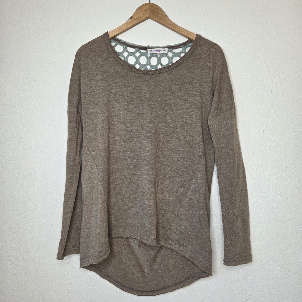 Altar’d State Crochet Back Top Size XS Brown Boho Hi Low Hem Long Sleeve Coastal